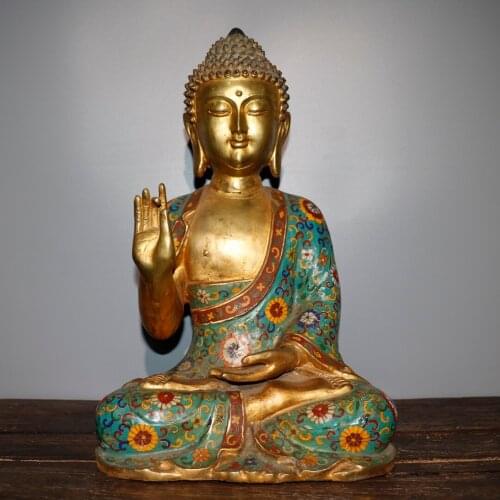 19"Chinese temple collection Old Bronze Cloisonne Enamel Shakyamuni Buddha Amitabha Sitting Buddha Ornaments Town House