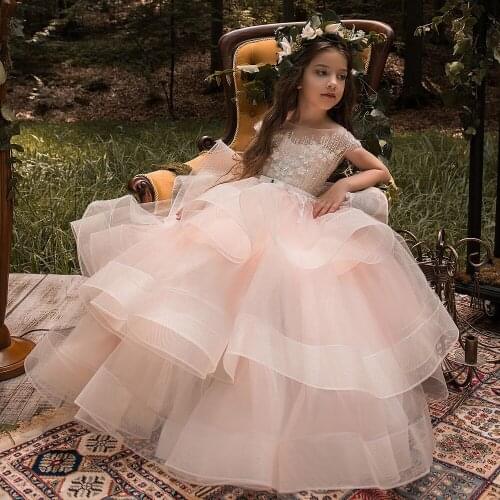 Princess Lace Dress Kids Flower Embroidery Dress For Girls Vintage Children Dresses For Wedding Party Formal Ball Gown 2-14T