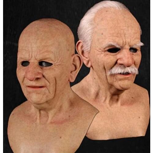 Latex Full Mask Head Mask with Neck White Hair Moustache Old People Halloween Cosplay Aceesory Baldness Old Man Cosplay Headgear
