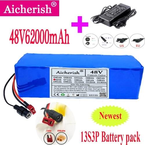 48V E-Bicycle Li-Ion 18650 Battery 13S3P 62Ah 62000mAh 30A BMS For Electric Bicycle Scooter 1000W + 54.6V Charger