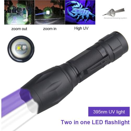 Zoomable 365nm UV Ultraviolet+L2 White LED Bulb Hunting Flashlight 2 in 1 Scorpions Torch Money Inspect Light Purple Linternas