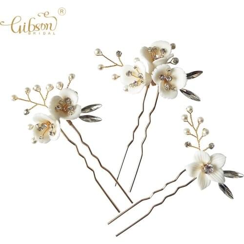 Fashion Hair Accessories Ceramic Flower Crystal Headpiece Wedding Bridal Hair Pins Comb