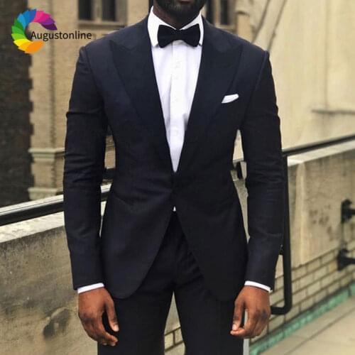 Navy Blue Men Suits Peaked Lapel Custom Made Groom Wedding Suits Tuxedo 2 Piece Jacket Pants Best Men Blazer Terno Masculino