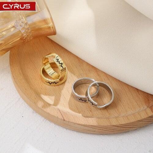 Trendy Punk ECG Couple Rings Set Vintage Geometric Hollow Gold Color Love Heart Ring Romantic Hip Hop Wedding Jewelry Wholesale