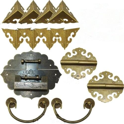 Brass Hardware Set Antique Wooden Box Knobs and Handles+Hinges+Latch+Lock+Corner Protector Furniture Decoration,Chinese Style