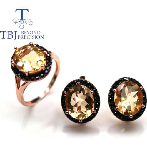 Natural citrine gemstone jewelry set 925 sterling silver ring clasp ring earring black spinel fine jewelry for women nice gift
