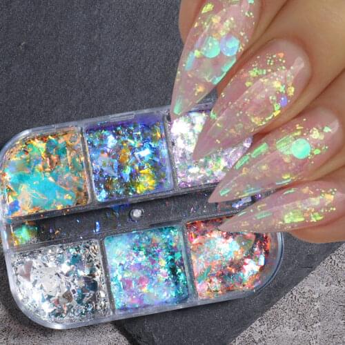 Aurora Iridescent Opal Nail Glitters Mermaid Chrome Powder Reflective Edelweiss Ice Snow Nails Flakes Gel Polish Decor Set SAXR