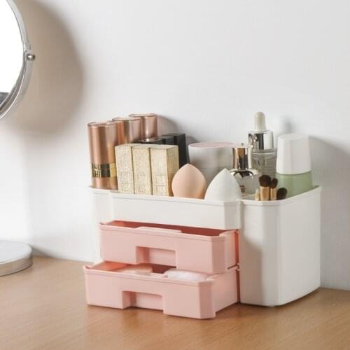 Plastic Makeup Organizer Make Up Brush Storage box with Drawer Cotton Swabs Stick Storage case escritori Pink Blue Green
