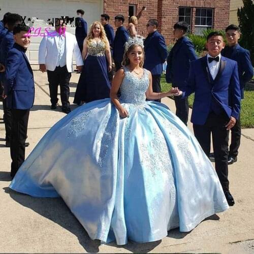 Sky Blue Quinceanera Dress Sleeveless Sweet 16 Dresses Ball Gown Girl Lace Prom Party Dress Elegant Long Evening Gowns