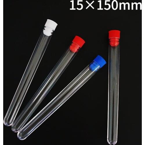 50pcs/lot 15x150mm Clear Plastic test tubes with plastic color stopper push cap for school experiments