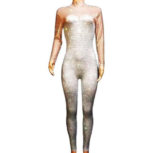 Silver Full Rhinestones Long Sleeve Jumpsuit Shiny Costume Women Nightclub Dance Show Wear Party Evening Costume Stage Rompers