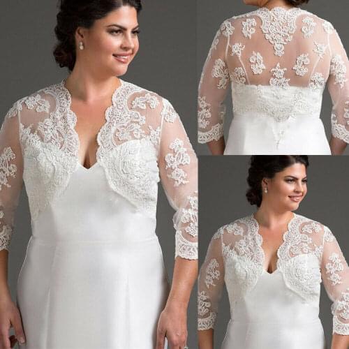 Deep V Neck Plus Wedding Jackets Bridal Boleros Front Open 3/4 Sleeve Lace Top Appliques Shawl Shrug Jacket White Ivory Custom
