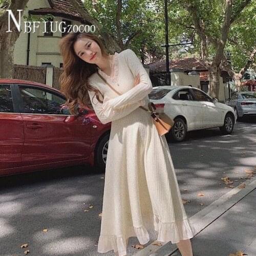 Apricot Knitting Women Dress Spring Long Sleeve French Slim Female Dresses