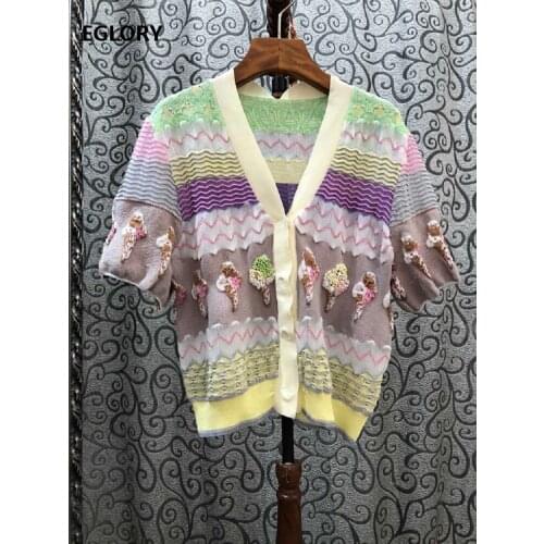 2020 Summer Fashion Sweater Cardigans Women V-Neck Hand Made Beading Wave Patterns Knitting Short Sleeve Casual Tops Coat Ladies