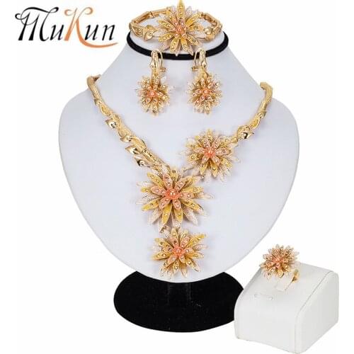 MUKUN Dubai Jewelry Sets Big Necklace Classic Flower Shape Bracelet Earrings Ring for Women Wedding Jewelry Sets for Bride