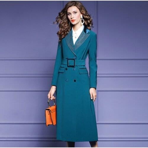 Long length 2021 over knee dresses womens autumn winter solid beading fashion double breasted professional dress with belt