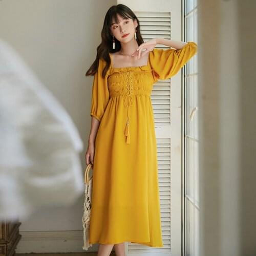 Women Long Yellow Chiffon Vintage Dress Autumn Summer 2021 Runway Elegant Korean Party Ruched Ruffle Retro Vacation Vestidos New