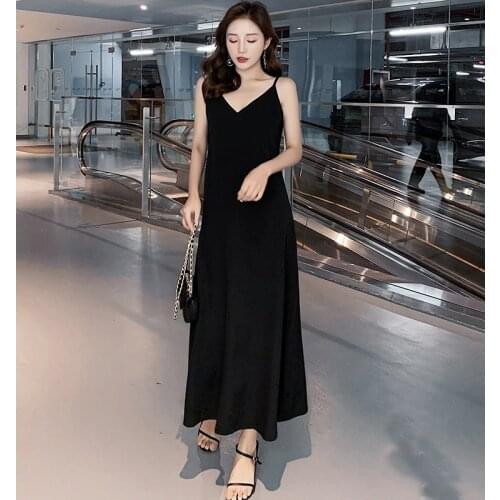 Women Maxi Dress Loose Sleeveless Summer Dress V-neck Sling Long Black Party Dresses Plus Size