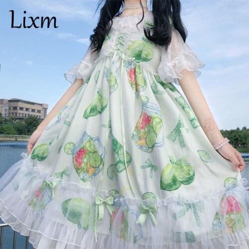Kawaii Lolita Lime a summer Lolita jsk small fresh green print suspenders Lolita women sweet dress kawaii girl gothic dress