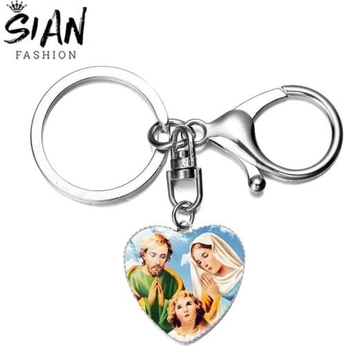 SIAN Christian Key Chains Son of God Jesus Glass Cabochon Heart Pendant Keyring Virgin Mary Key Holders Men Women Religion Gifts