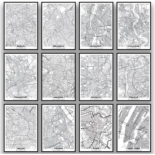 World Cities London Paris Satellite Black And White Map Poster Modern Home Art Mural Living Room Bedroom Decor Canvas Painting