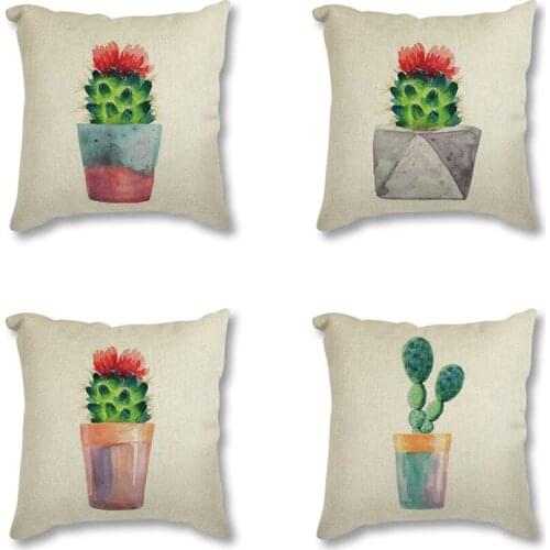 Watercolor Green Plant Flowers Cactus Print Decorative Linen Cushion Throw Pillow case Nordic Style Cushion Cover for Sofa Car