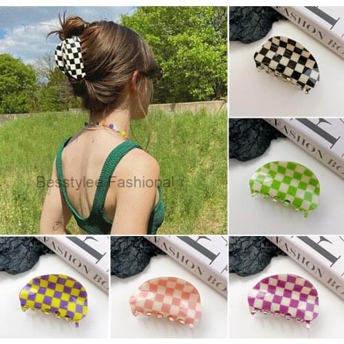 Elegant Black White Plaid Hair Claw Acetate Geometric Hair Clip Crab Women Girl Ponytail Holder Hair Accessories Hair Style Make