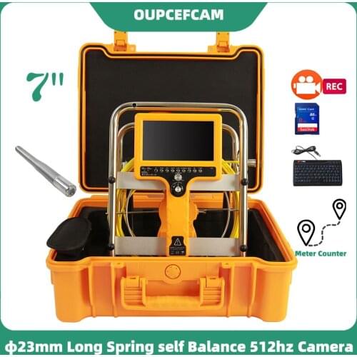 Φ23mm Long Spring Self Balance 512hz Camera Drain Sewer Pipe Inspection Endoscope 7" Screen DVR Keyboard Meter Counter 5mm Cable