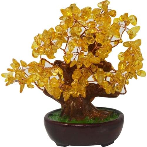 Feng Shui Natural Yellow Quartz Crystal Money Tree Bonsai Style Decoration for Wealth and Luck HN131