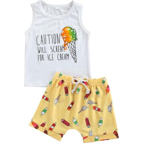 2021-04-08 Lioraitiin 2Pcs Set 0-3Years Toddler Boy Girl Summer Fashion Clothing Letter Printed Vest Top Ice cream Shorts Outfit