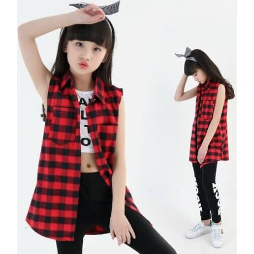 Girls Modern Jazz Hip Hop Dancewear Costumes Set for Kids Plaid Coat Crop Vest Pants Teen Outfits Children Street Dance Clothes