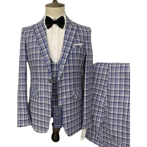Blazers Pants Vest Set/2021 New Fashion Suits / Mens Casual Business Plaid 3 Piece Suit Flat collar Single row one button suit