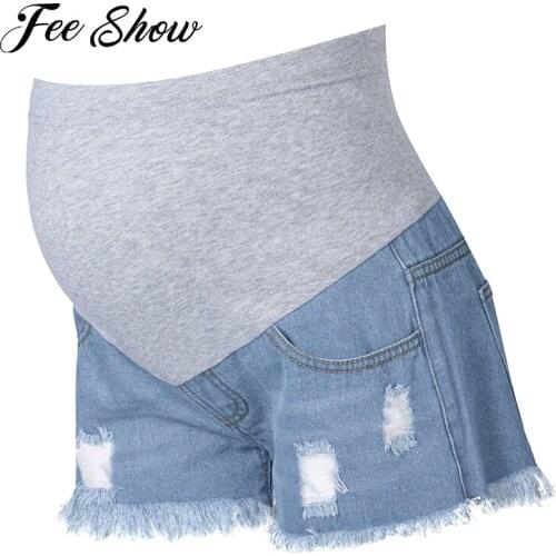 Summer Maternity Shorts Patchwork Style Fit The Belly Denim jeans with Soft and Comfy Stretchy Adjustable Elastic Band