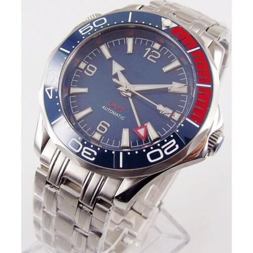 Brand 41mm Mens Watch With Automatic GMT Movement Date Window Sapphire Glass see through back