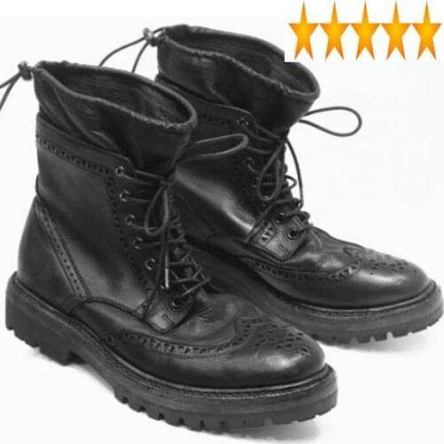 Men Shoes Personality Black Handmade Vintage Brogues Ankle Luxury Designer Genuine Cow Leather Winter Work Riding Boots