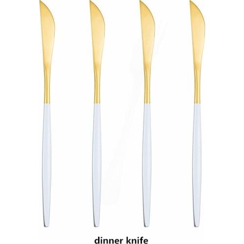 4Pcs White Gold Cutlery Set Stainless Steel Dinnerware Set Knifes Forks Spoons SilverwareTableware Set Kitchen Mirror Flatware