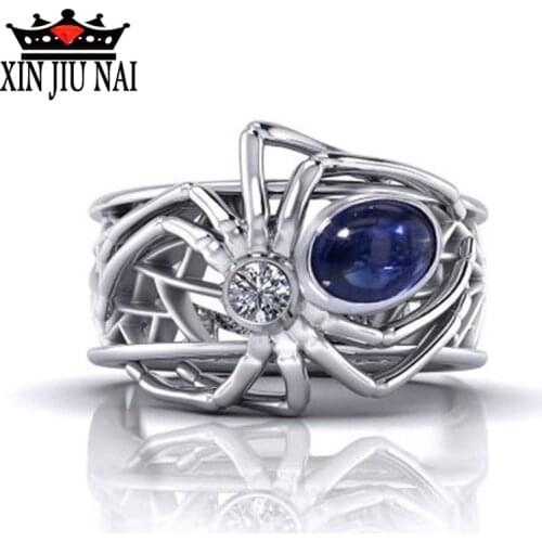 New Creative High Quality Sapphire Blue Spider Punk Animal Ring Glamour Female Model Top Jewelry Halloween Party Gift Size 6-10