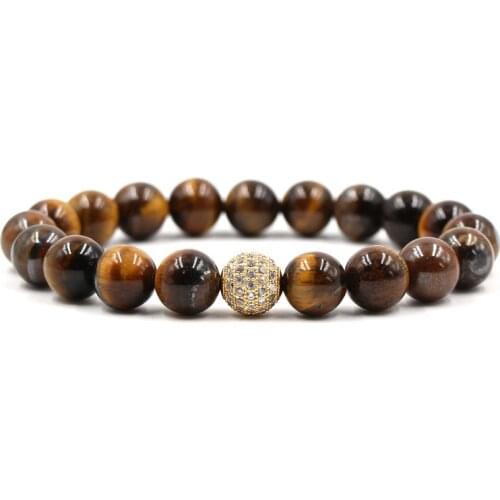 New 10 Mm Natural Stone Tigers Eye Micro Inlaid with Zircon Ball Mens and Womens Elastic Bracelet In 2020 Jewelry for Women