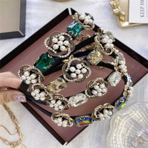 Vintage Color Alloy Baroque Rhinestone Ladies Hair Accessories Exquisite Pearl Headband