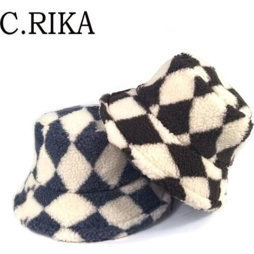 New Plaid Lambswool Bucket Hat Women Fashion Soft Fisherman Hat Bob Lady Girl Autumn Winter Outdoor Warm Panama Plush Basin Cap