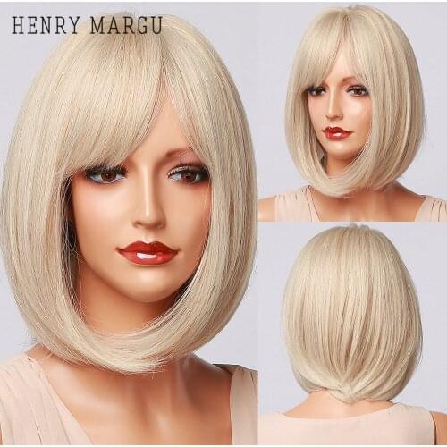 HENRY MARGU Platinum Blonde Bob Wigs Short Straight Synthetic Wigs with Bangs Cosplay Party Daily Wigs for Women Heat Resistant