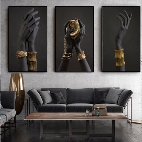 Black Womans Hand with Gold Jewelry Posters and Prints on The Wall Canvas Painting Africa Art Pictures for Living Room Decor