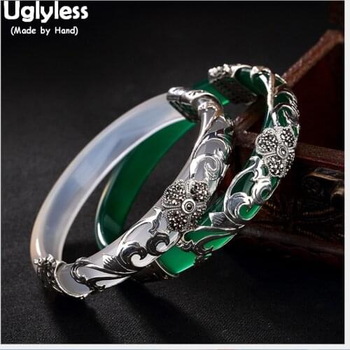 Uglyless 100% Real 925 Sterling Silver Flower Bangles for Women Jade Bangles Ethnic Vines Chalcedony Fine Jewelry Agate Bracelet