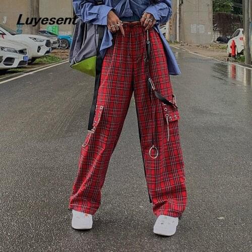 Punk Lady Cool Long Wide Leg Pant Red Plaid Pocket Women Gothic Street Draw String Chain Eyelet Cargo Pant Korean Fashion Cloth