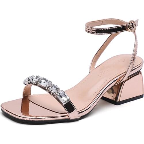 Silver And Gold Sequins Crystal Sandals Womens Summer 2021 New One Line Diamond Middle Heel Thick Heel Sandals Women