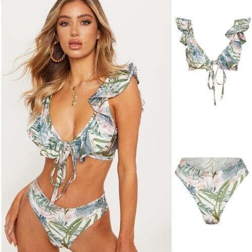 Plus Size Bikini 2021 Swimsuit Solid Color Bikini Set Swimwear Sexy Ruffled Biquini Bathing Suit Women Bikinis String Beach