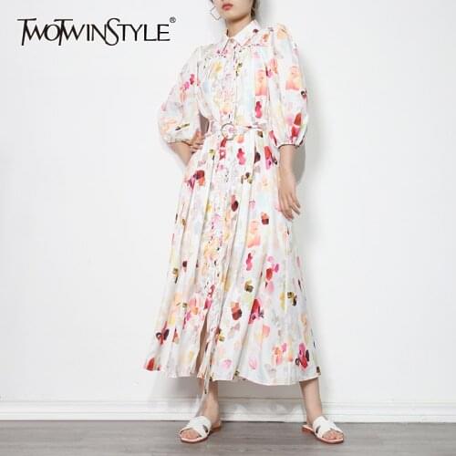 TWOTWINSTYLE Temperament Yellow Dress For Women Lapel Half Sleeve High Waist Sashes Pint Dresses Female Fashion New Clothing