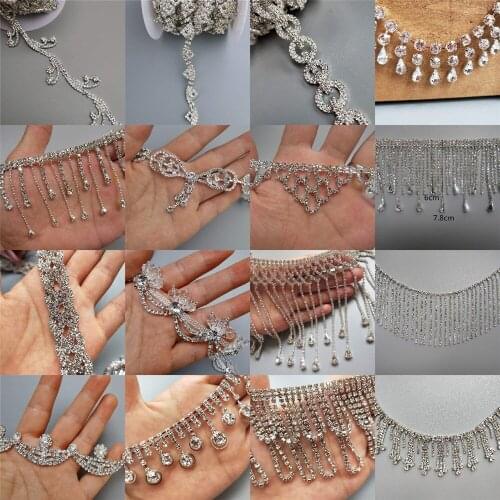 1 Yard Silver Glass Crystal Chain Bling Rhinestone Trim Metal Ribbon Necklace Decor Wedding Dress Clothing Bag Shoes Accessorie