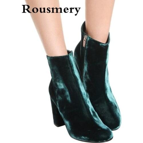 Velvet Round Toe Lady Sexy Ankle Booties Autumn Winter Square Heels Woman Fashion Short Boots Blue Green High Heels Shoes Size45