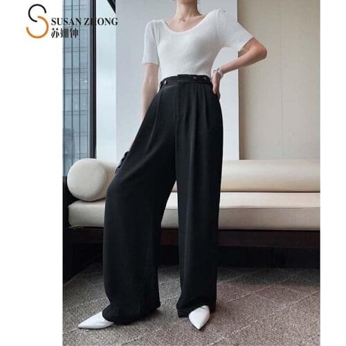 Women Trousers Long Female Pants Wide Leg Spring Summer Loose Straight Chiffon Zipper Fly Button Pocket Elegant French Romantic